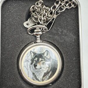 Silver Pocket Watch with Wolf Artwork